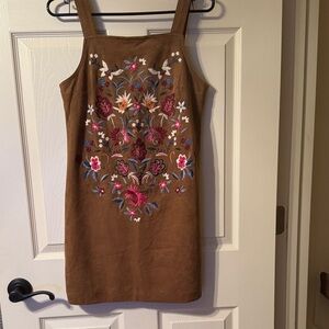 Abercrombie & Fitch Brown Faux suede Embroidered Floral Sundress